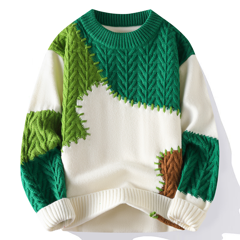 拼接撞色毛衣男冬季加厚圆领设计感针织衫男宽松慵懒风毛线衣外套