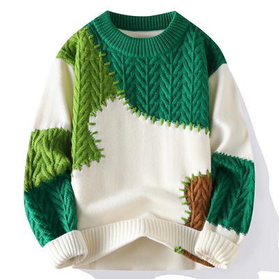 拼接撞色毛衣男冬季加厚圆领设计感针织衫男宽松慵懒风毛线衣外套