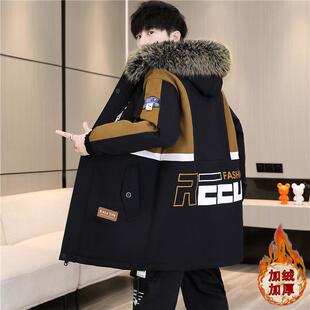 棉衣外套男士中长款冬季新款青少年加绒加厚帅气派克服学生棉衣男