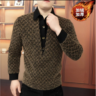 高档加绒加厚冬季假两件毛衣男中青年翻领罗纹千鸟格针织衫卫衣男