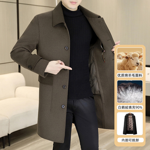 冬季翻领加厚羊毛呢大衣男士长款呢子风衣双面呢外套男款羽绒内胆