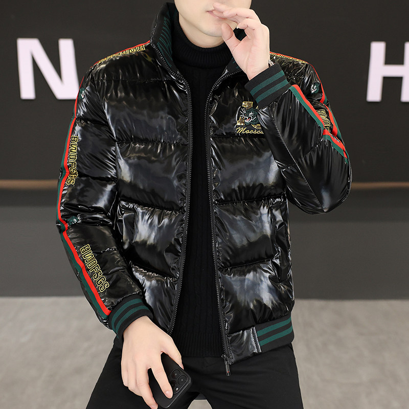 欧版轻奢立领亮面棉衣男冬季美式休闲短款保暖棉服撞色条纹防寒服