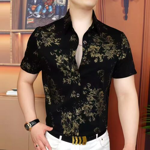 欧货夏季男士冰丝短袖衬衫轻奢时尚黑金印花个性凉感镂空弹力衬衣