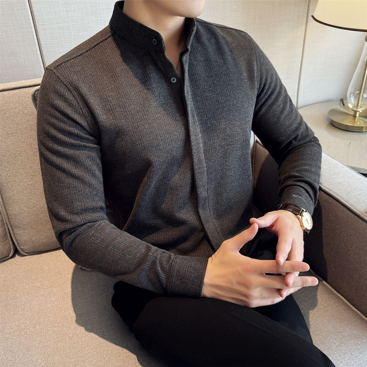 高级感无痕立领衬衫男士商务长袖条纹高端立领灰色人夫感穿搭衬衣