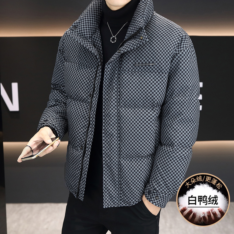高端羽绒服男士立领冬季外套2025新款潮牌格子加厚保暖白鸭绒袄子