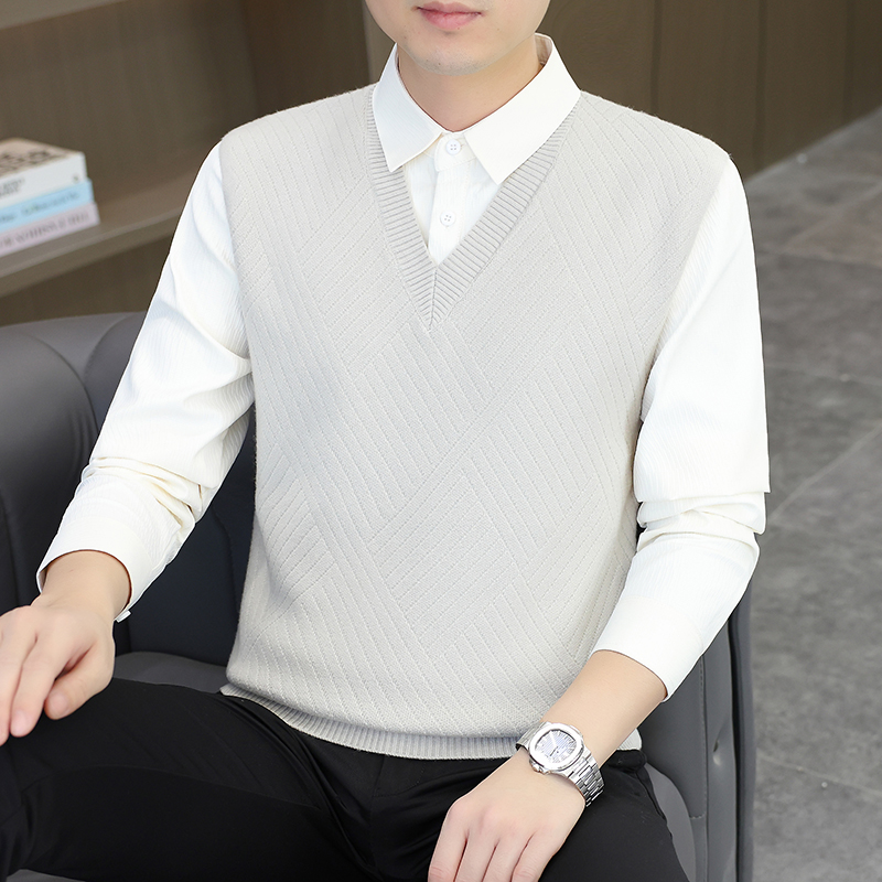 春秋季衬衫领毛衣男士时尚假两件针织打底高品质商务休闲马甲上衣