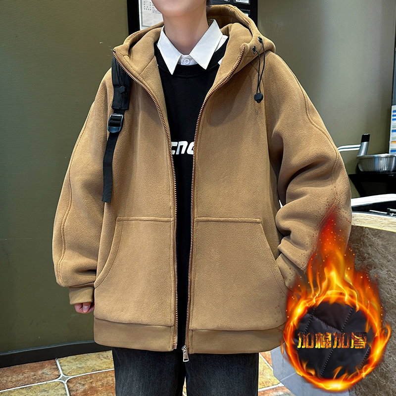 秋冬季外套男生奥粒绒潮牌宽松加棉加厚青少年二棉运动开衫卫衣服