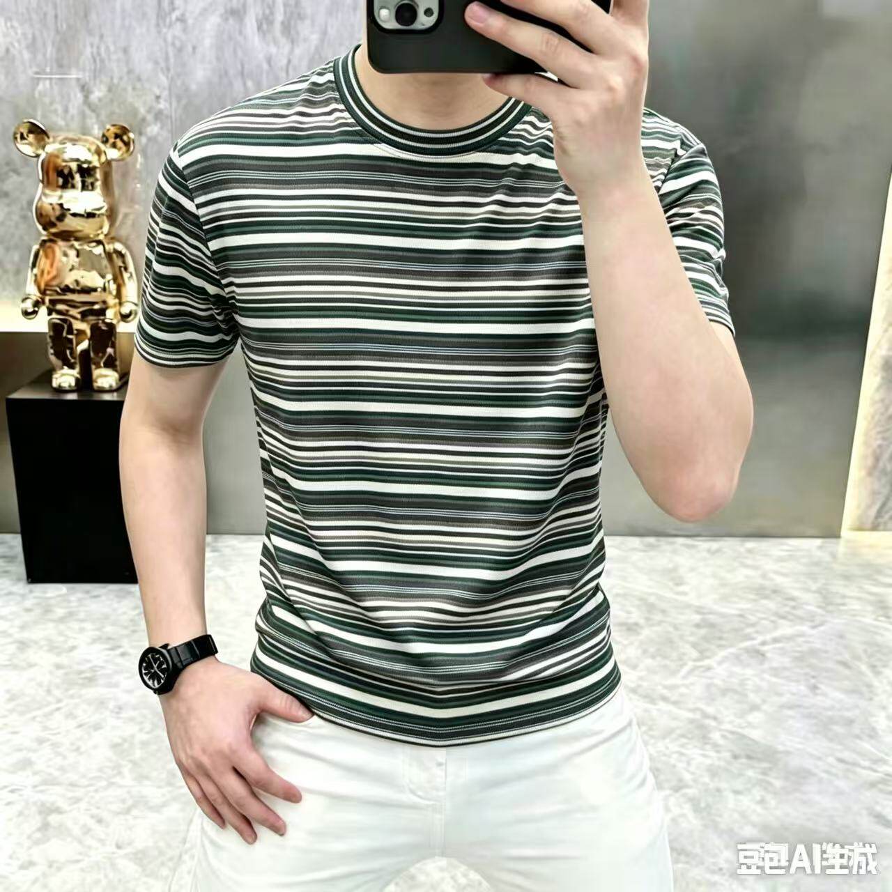 欧洲站2026夏季新款男士圆领短袖T恤修身时尚潮牌条纹休闲上衣男