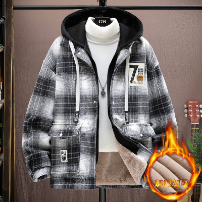 假两件格子棉衣男冬季青少年加绒加厚毛呢子外套初中高中学生棉服