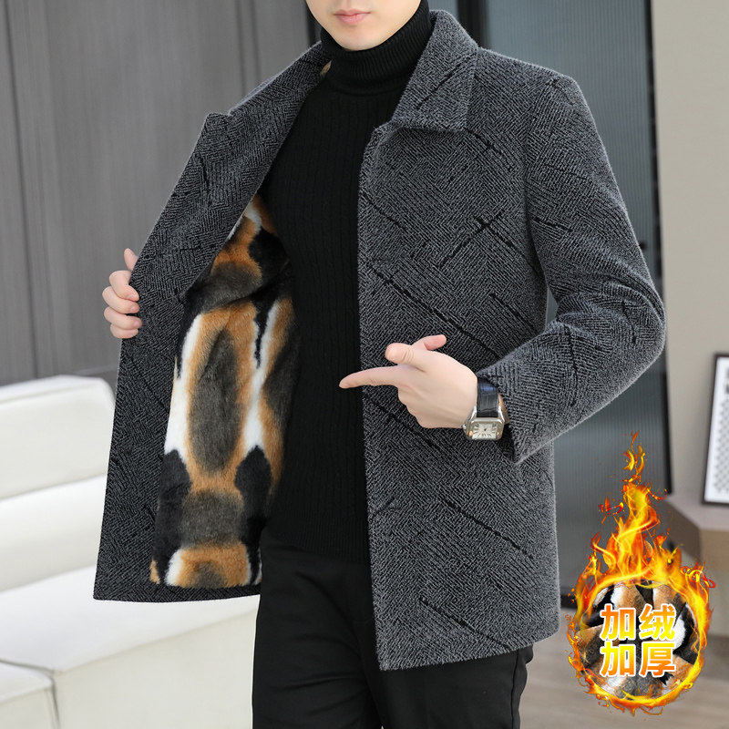 中年成熟男士秋冬季中长款毛呢大衣加绒加厚休闲风衣保暖呢子外套