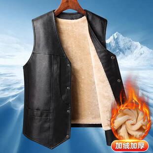 中老年皮马甲男秋冬加绒加厚爸爸冬装皮衣背心保暖休闲老人皮坎肩