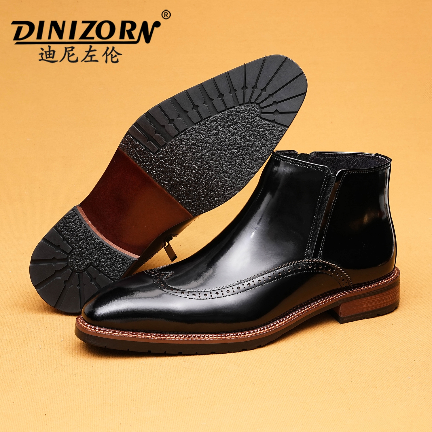 英伦切尔西靴男款2025新款真皮冬季男靴亮面雕花布洛克拉链马丁靴