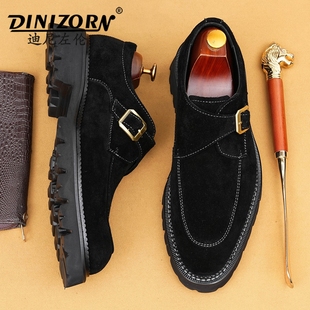 商务休闲皮鞋男款2025新款真皮反绒英伦尖头一脚蹬正装搭扣孟克鞋