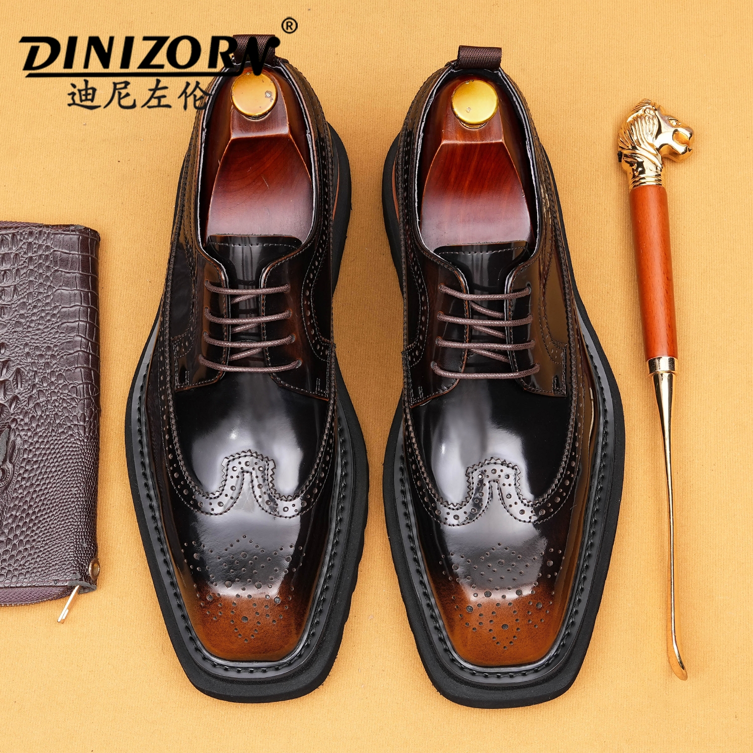 厚底皮鞋男款真皮2025新款商务正装英伦雕花布洛克结婚新郎增高鞋