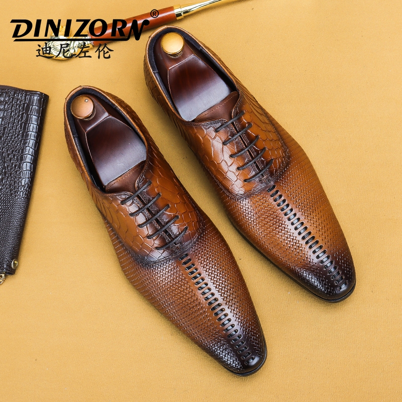 尖头皮鞋男款真皮2025新款英伦潮流男鞋鳄鱼纹压花商务正装牛津鞋