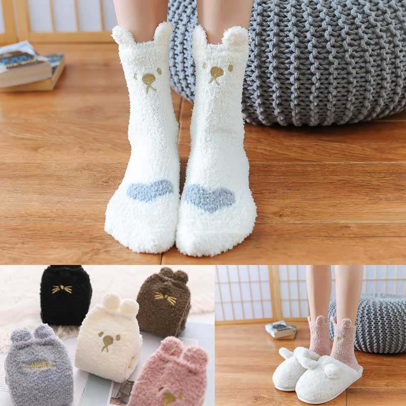 珊瑚绒袜子女中筒加厚加绒睡眠袜秋冬季家居地板袜冬天保暖月子袜