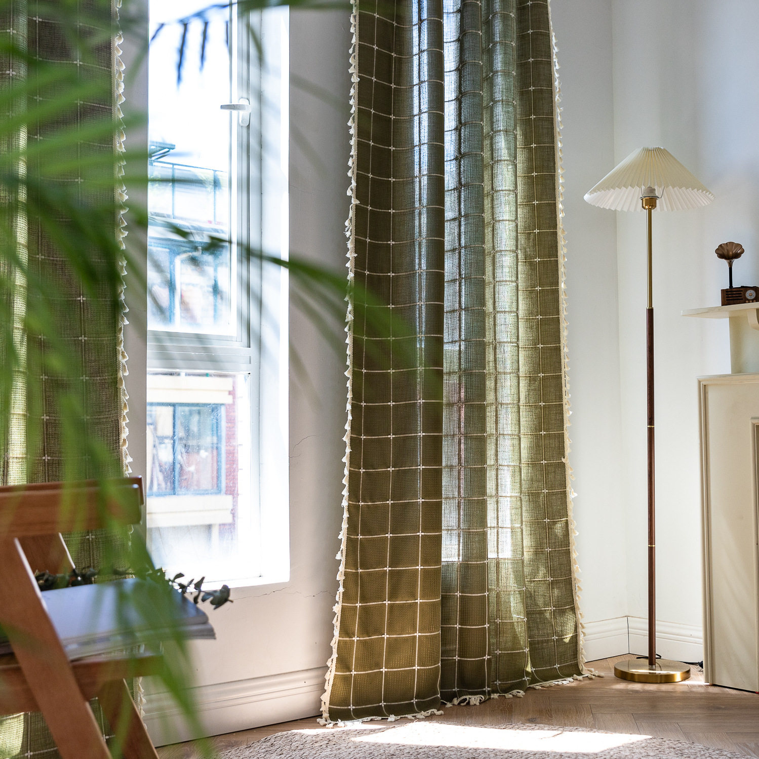 复古绿色方格客厅窗帘成品防晒棉线半遮光客厅窗户帘子飘窗帘拼色,居家布艺,成品窗帘,淘宝优惠券,粉丝福利购,淘宝优惠卷