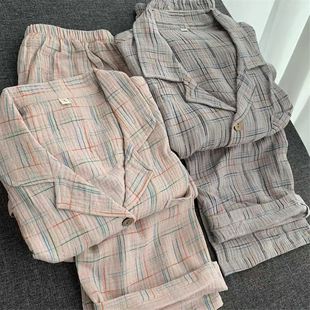 男女款情侣大码睡衣纯棉双层纱布水洗棉纱彩线格子简约轻盈春夏秋