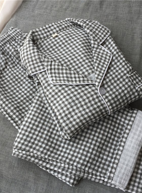 男纯棉双层纱布小格子睡衣家居服