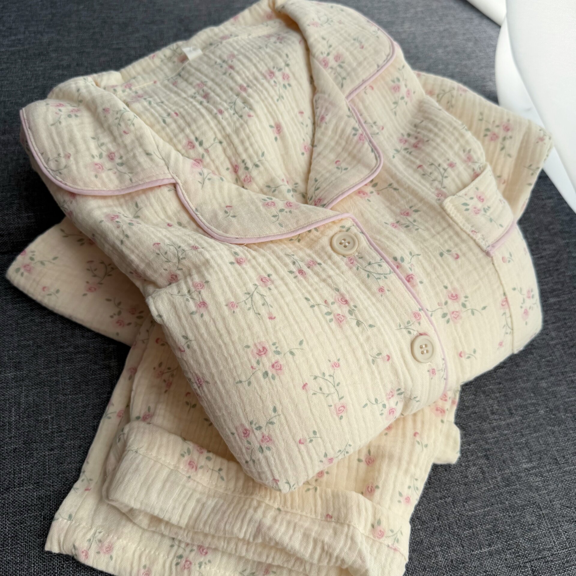 带胸垫防凸点田园风玫瑰碎花睡衣纯棉双层纱布睡衣家居服春夏秋