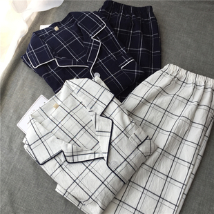 夏季 新款 纯棉棉布水洗宽松格子大码 短袖 短裤 简约日系男式 睡衣套装