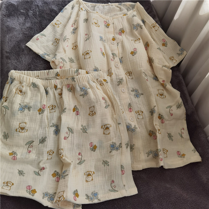 带胸垫睡衣防凸点圆领短袖短裤花园小熊夏季女家居服纯棉双层纱布,女士内衣/男士内衣/家居服,睡衣/家居服套装,淘宝优惠券,粉丝福利购,淘宝优惠卷