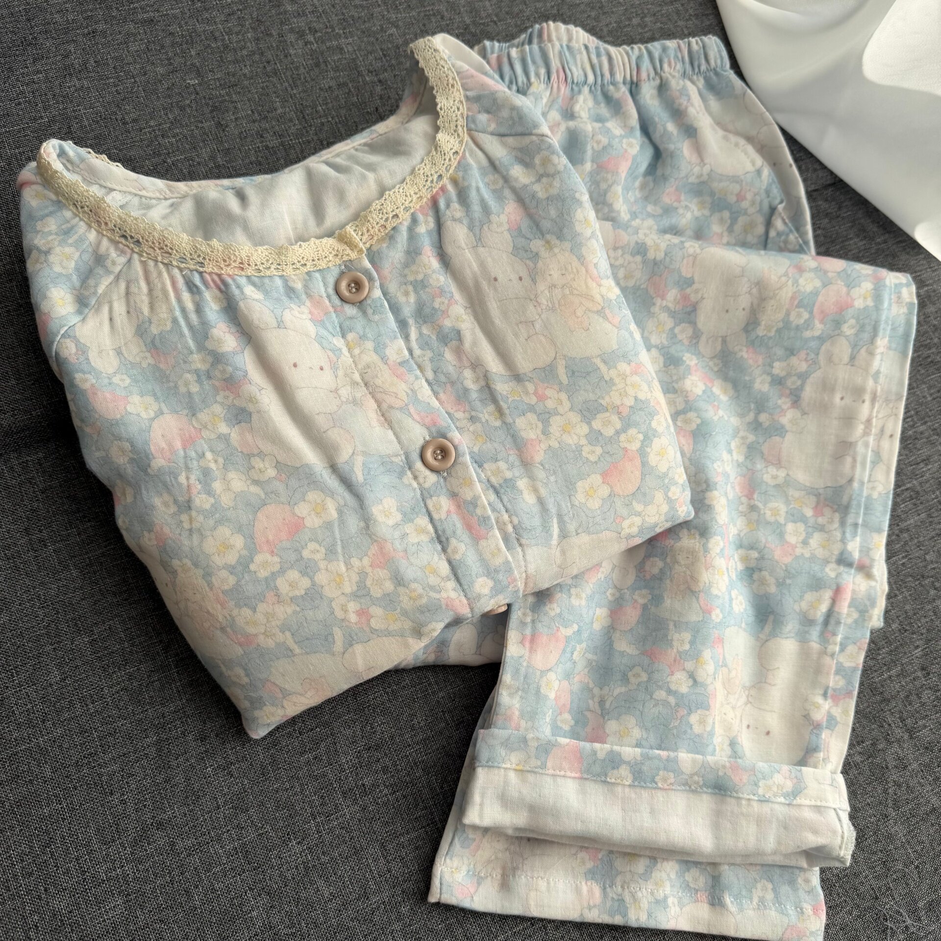 蓝色草莓公主家居服睡衣免穿文胸自带胸垫睡衣长袖长裤防凸点