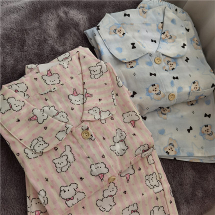 夏季可爱甜美睡衣家居服短袖短裤女生闺蜜元宝领棉花小狗纯棉纱布
