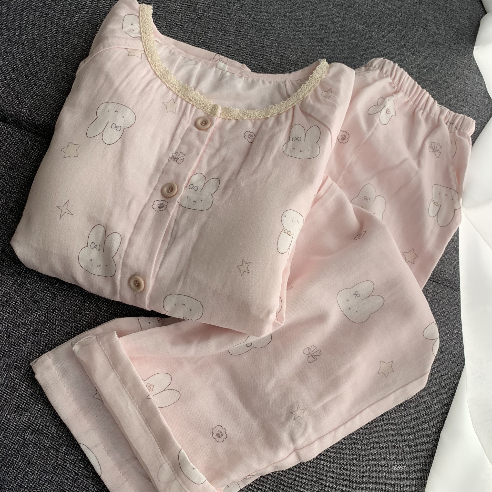 春夏薄款免穿文胸睡衣自带胸垫纯棉双层纱布甜美可爱家居服防凸点