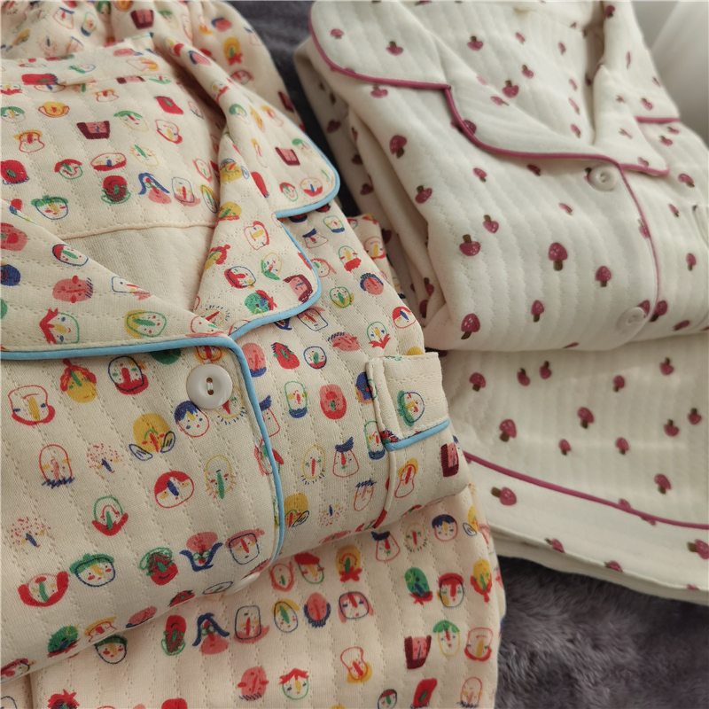 秋冬保暖翻领开衫纯棉空气层睡衣家居服女士可爱甜美新款