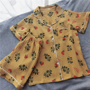 女款 水洗棉纱夏季 草莓田园风 短裤 纯棉双层纱布睡衣短袖