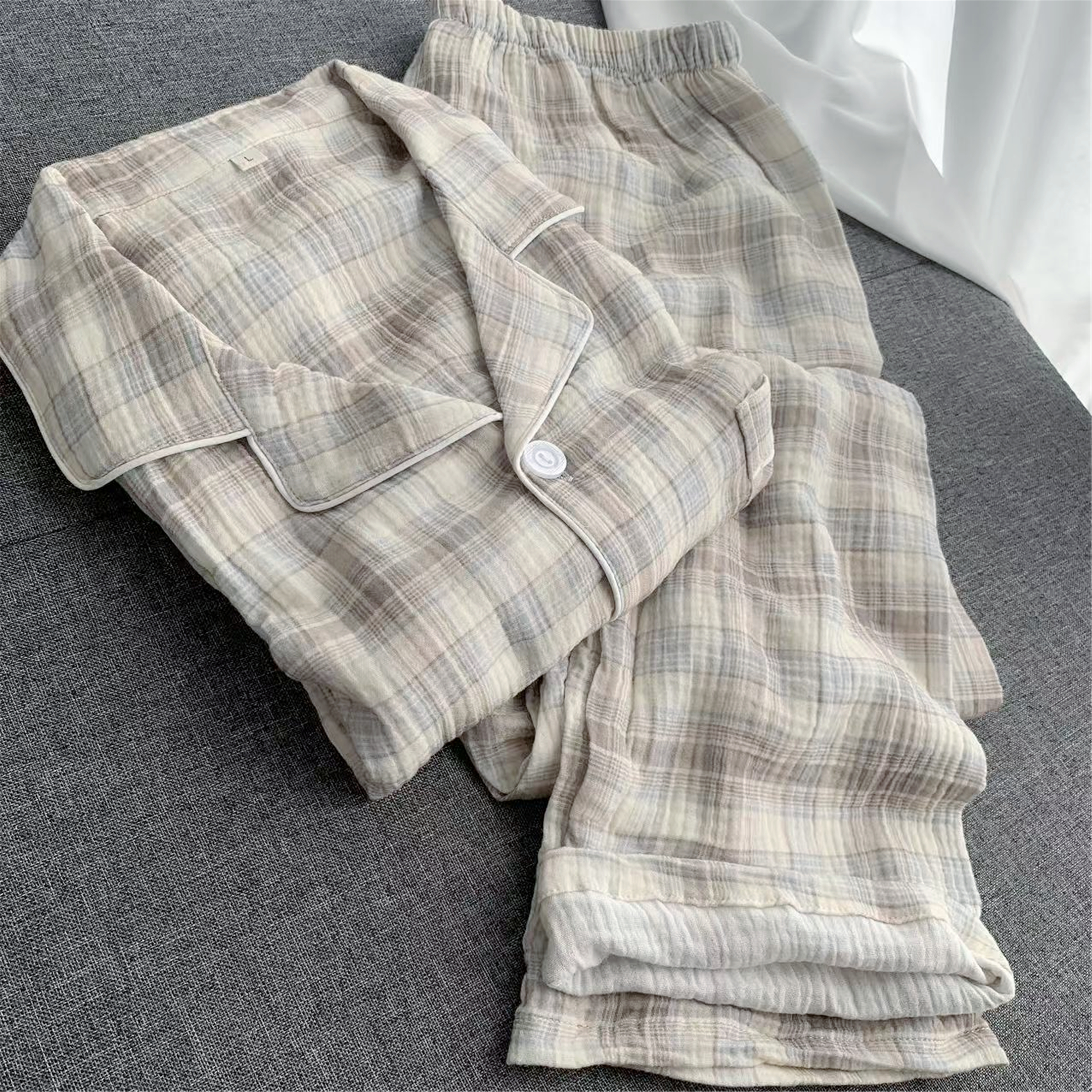 软糯男格子双层纱布长袖长裤