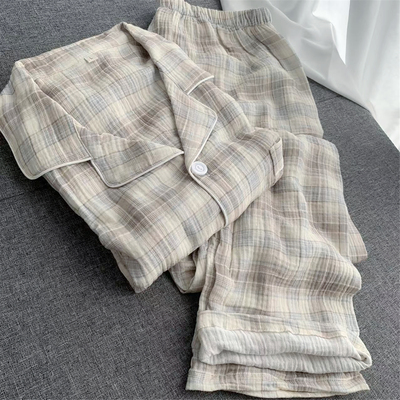 软糯男格子双层纱布长袖长裤