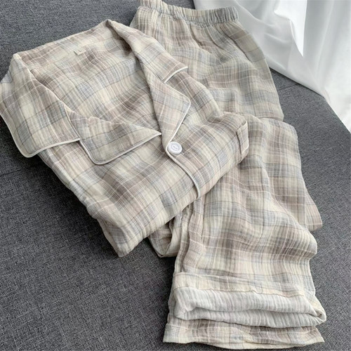 软糯男格子双层纱布长袖长裤