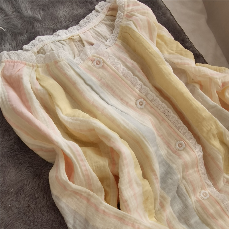 清新纯棉双层纱布睡衣花边粉蓝宽条女家居服套装慵懒风绉布春夏