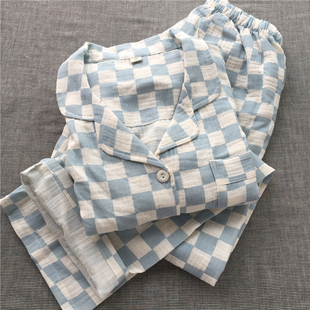 情侣新款 纯棉双层纱布水洗棉纱男女 棋盘格家居服睡衣套装 春秋夏季