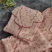 套装 甜美小樱桃纯棉双层纱布绉布薄款 长袖 长裤 睡衣家居服 翻领短袖