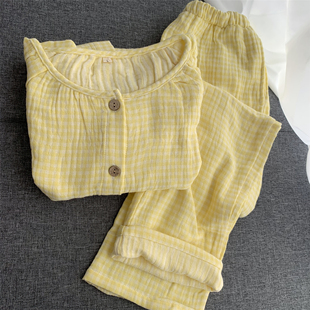 长裤 水洗绉布长袖 亮色 加厚睡衣家居服圆领有加大码 四层棉纱秋季