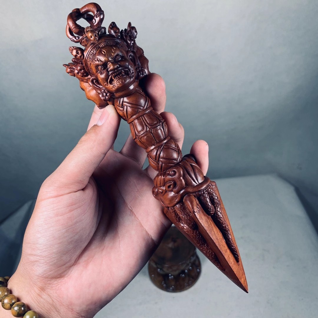 雷击枣木三面普巴金刚杵降魔杵金刚撅家用供奉用品密宗修行摆件