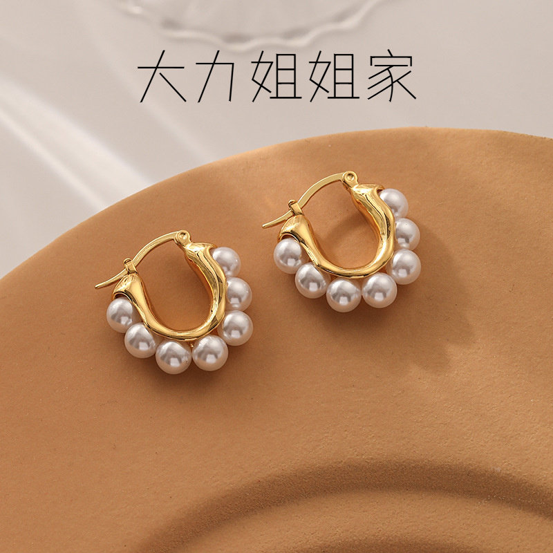 法式复古珠珠圆圈耳环女简约小众黄铜电镀轻奢时尚个性高级感耳饰