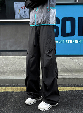 OCW潮牌 美式工装休闲裤男2026秋冬新款褶皱拼接宽松直筒加厚长裤
