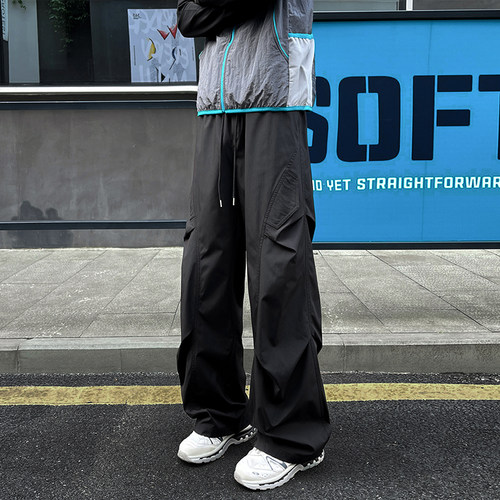 OCW潮牌 美式工装休闲裤男2025秋冬新款褶皱拼接宽松直筒加厚长裤