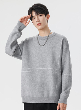 OCW潮牌 日系圆领毛衣男2026秋冬新款灰色明线设计宽松百搭针织衫