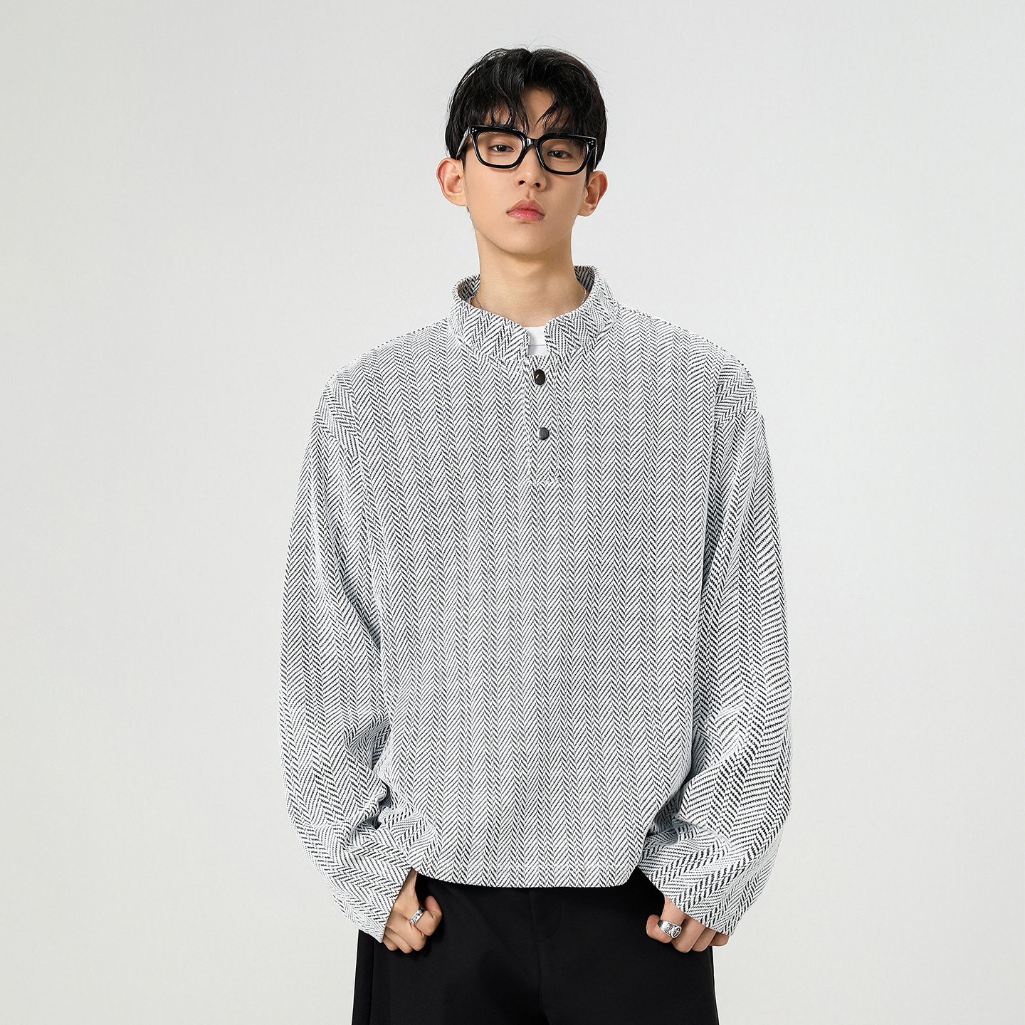 OCW潮牌 简约亨利领麻花纹卫衣男2026年春季宽松休闲套头长袖上衣