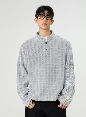 OCW潮牌 简约亨利领麻花纹卫衣男2026年春季宽松休闲套头长袖上衣