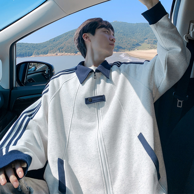 OCW潮牌 美式复古三条杠撞色拼接翻领卫衣男2026春秋宽松重磅外套