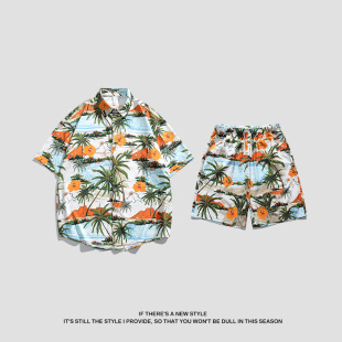 夏威夷沙滩印花衬衫 宽松休闲情侣套装 短裤 新款 男2026夏季 OCW潮牌