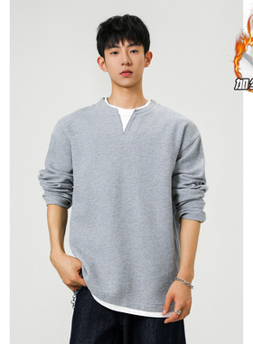 OCW潮牌简约风假两件长袖T恤男2026冬季新款加绒加厚针织宽松上衣