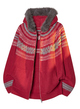 OCW潮牌 红色提花毛领连帽针织开衫男2026冬季新款青少年宽松毛衣