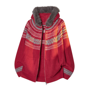 OCW潮牌 红色提花毛领连帽针织开衫男2026冬季新款青少年宽松毛衣